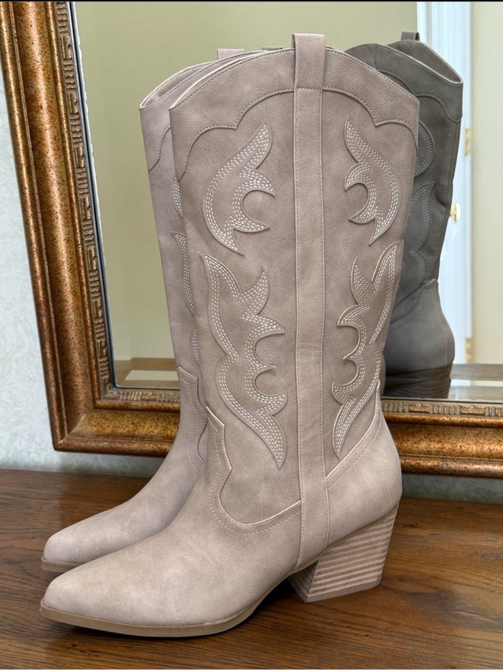 DV by Dolce Vita Taupe Suede-Look Western Mid-Calf Boots. Size 10.